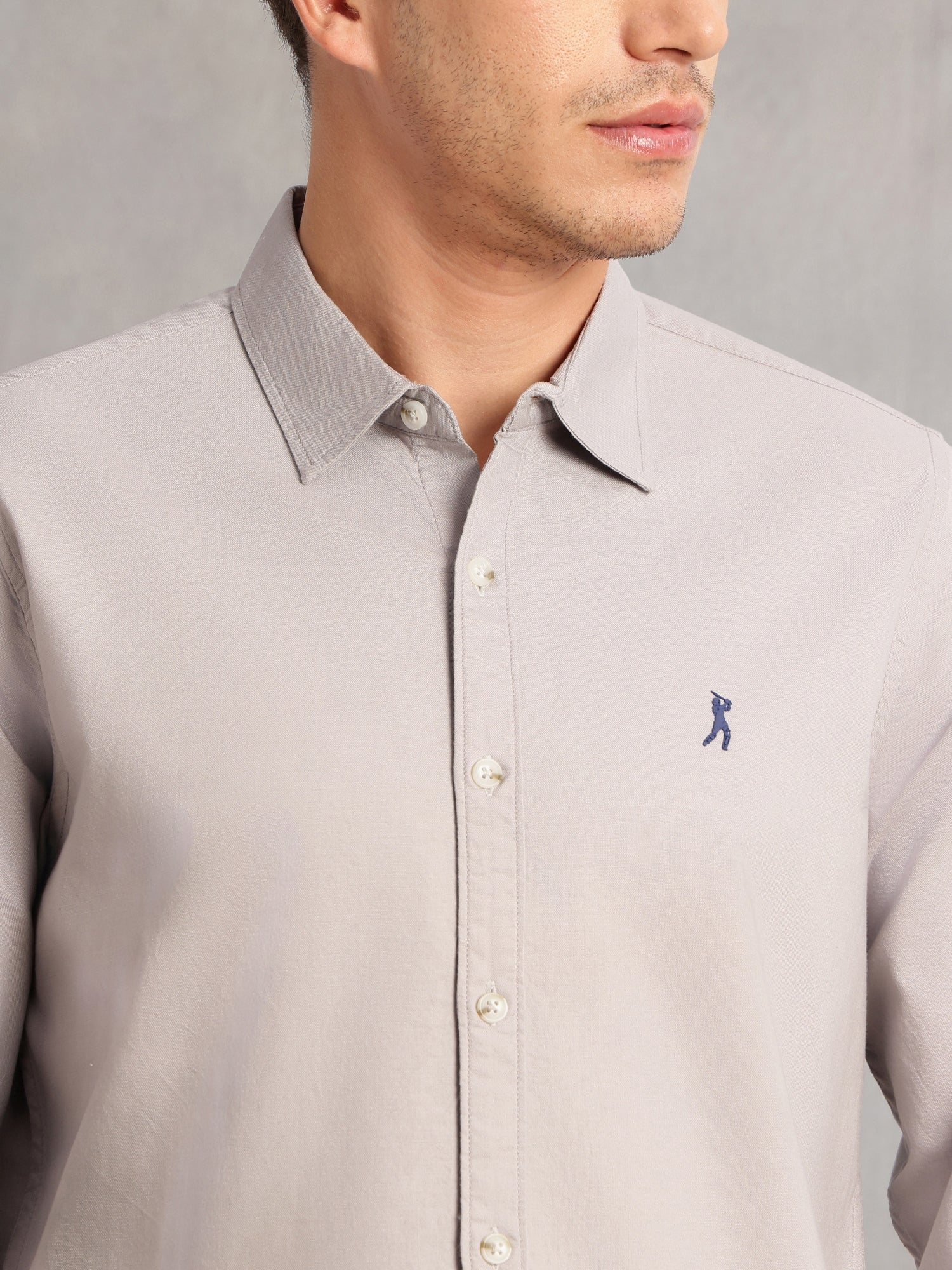 Thomas Scott Men Grey Cricket Club Collection Slim Fit Oxford Cotton Casual Shirt with Spread Collar & Long Sleeves