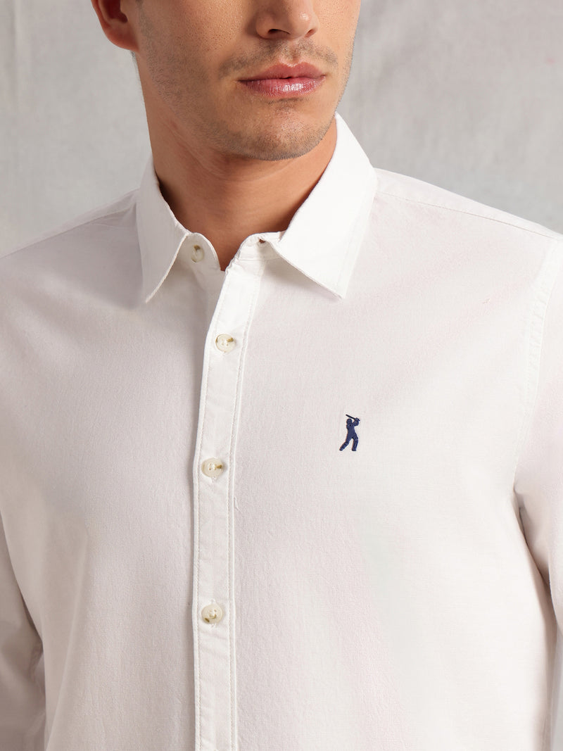 Thomas Scott Men White Cricket Club Collection Slim Fit Oxford Cotton Casual Shirt with Spread Collar & Long Sleeves