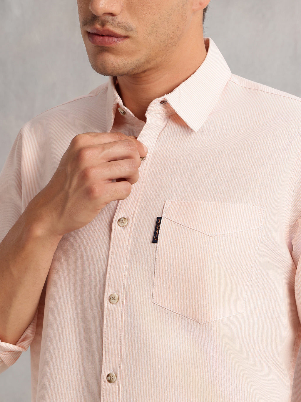 Thomas Scott Men Orange Cricket Club Collection Regular Fit Pinstripes Long Sleeves Spread Collar 100% Cotton Oxford Casual Shirt