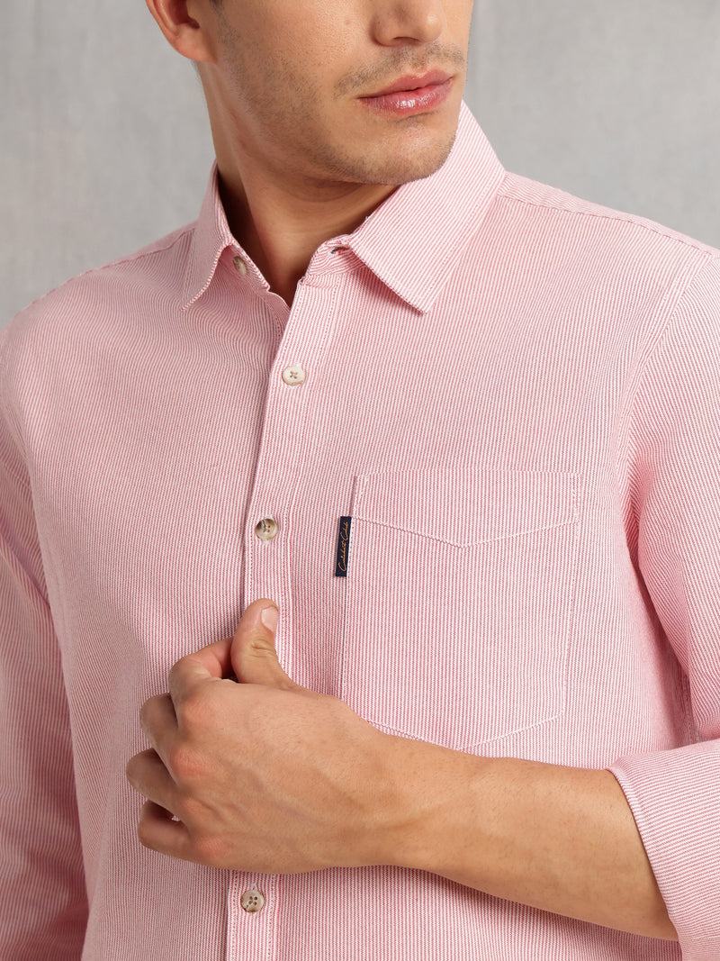 Thomas Scott Men Red Cricket Club Collection Regular Fit Pinstripes Long Sleeves Spread Collar 100% Cotton Oxford Casual Shirt
