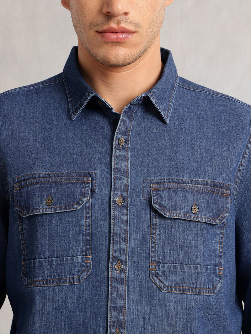 Thomas Scott Men Navy Cricket Club Collection Regular Fit Long Sleeves Spread Collar 100% Cotton Denim Casual Shirt