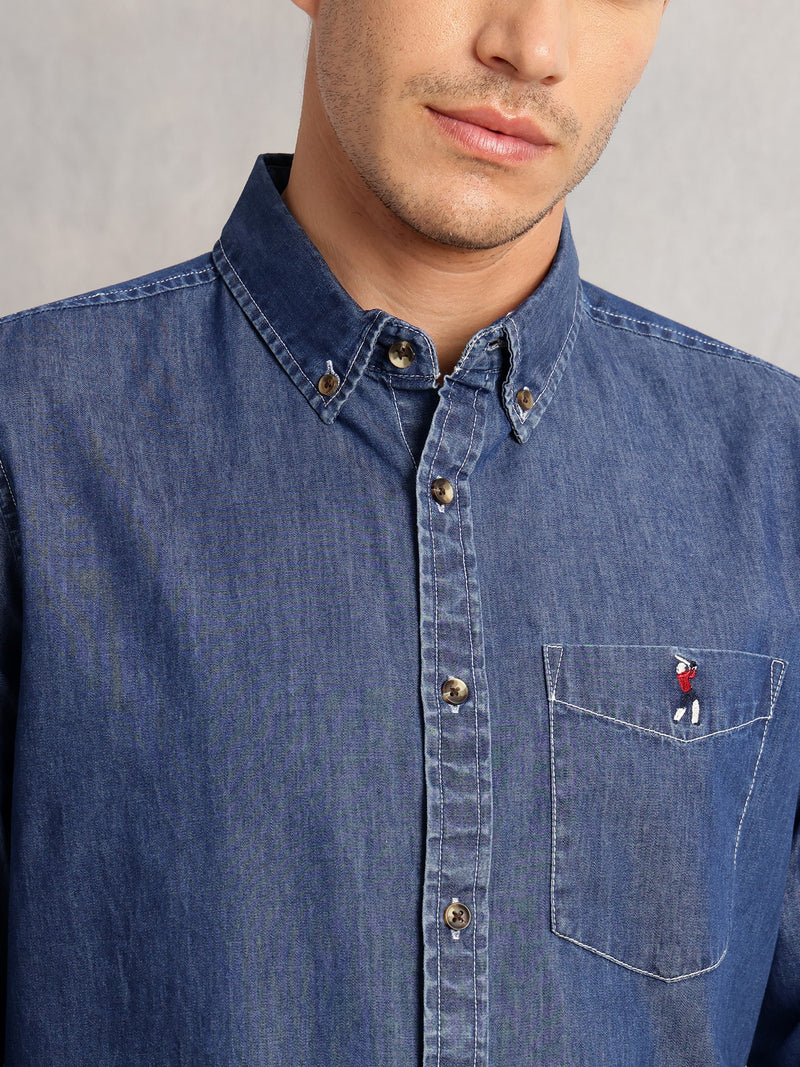 Thomas Scott Men Navy Cricket Club Collection Button-Down Collar Long Sleeves Dark Shade Regular Fit 100% Cotton Denim Shirt