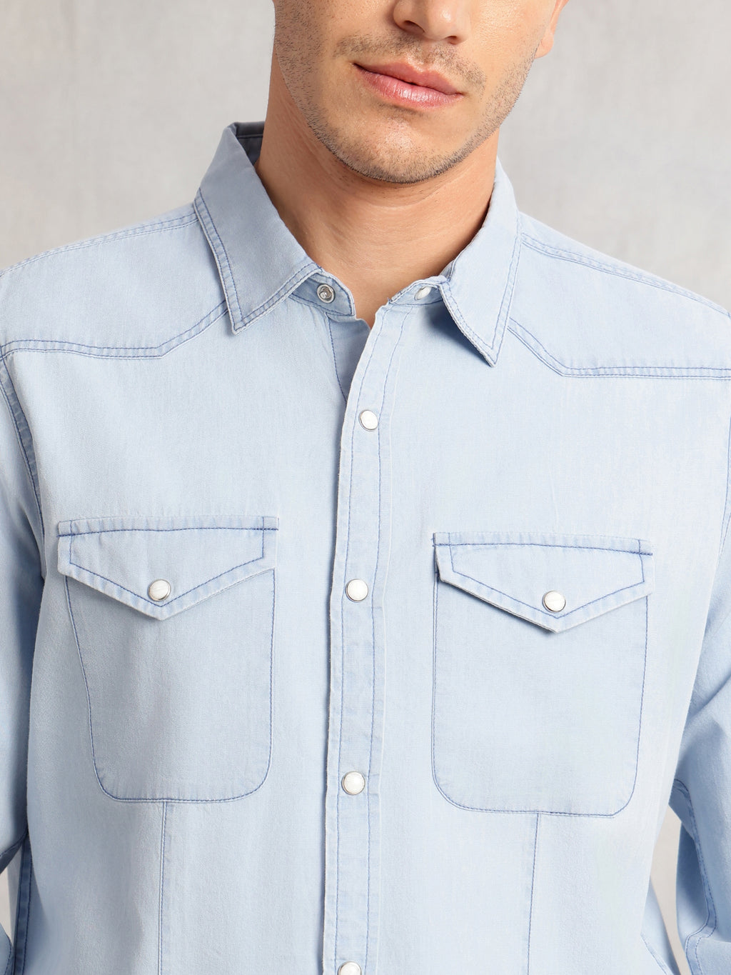 Thomas Scott Men Blue Cricket Club Collection Regular Fit Long Sleeves Spread Collar Cotton Denim Casual Shirt