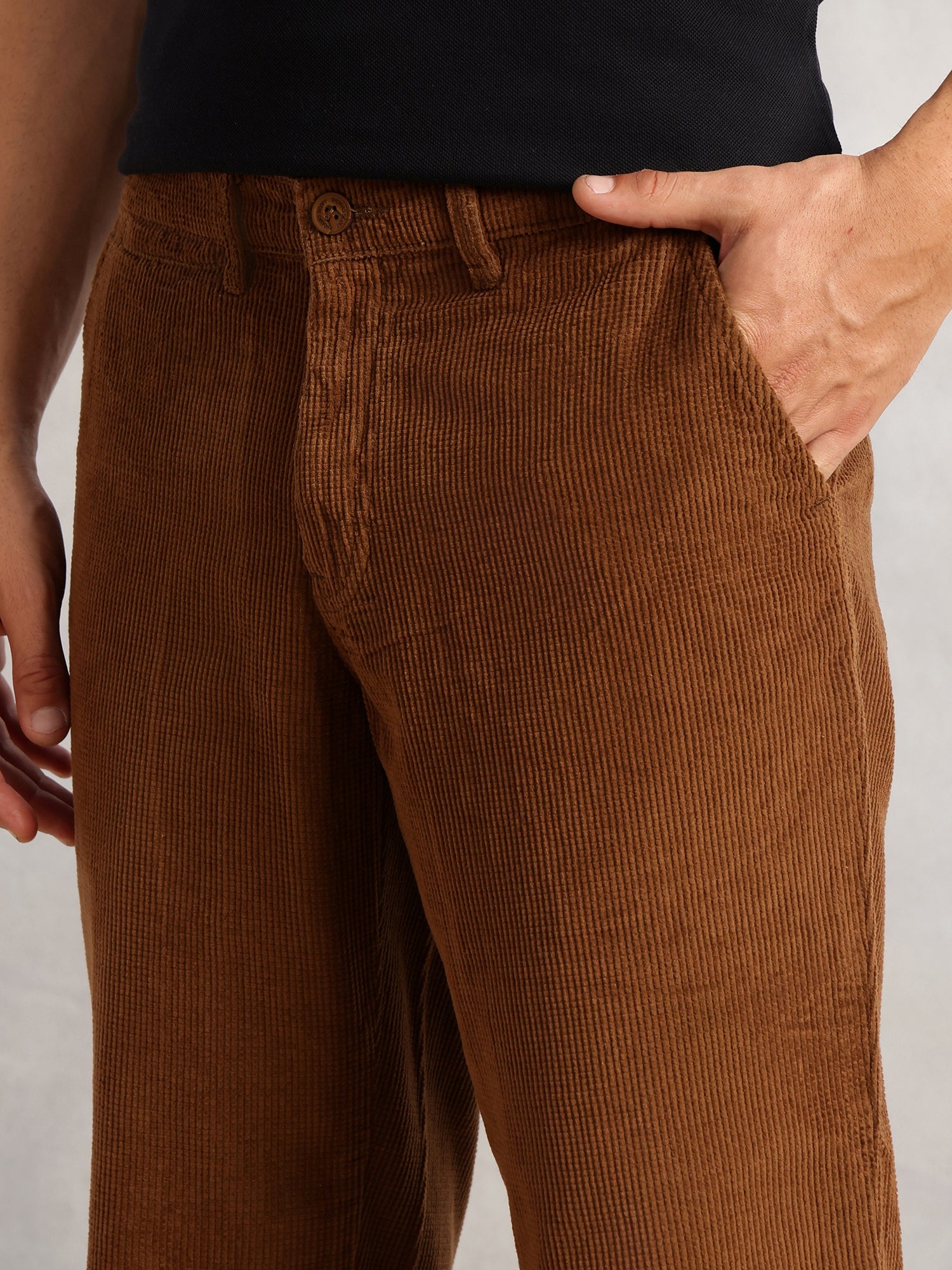 Thomas Scott Men Khaki Regular Fit Mid-Rise Textured 4 Pockets Design Corduroy Trouser