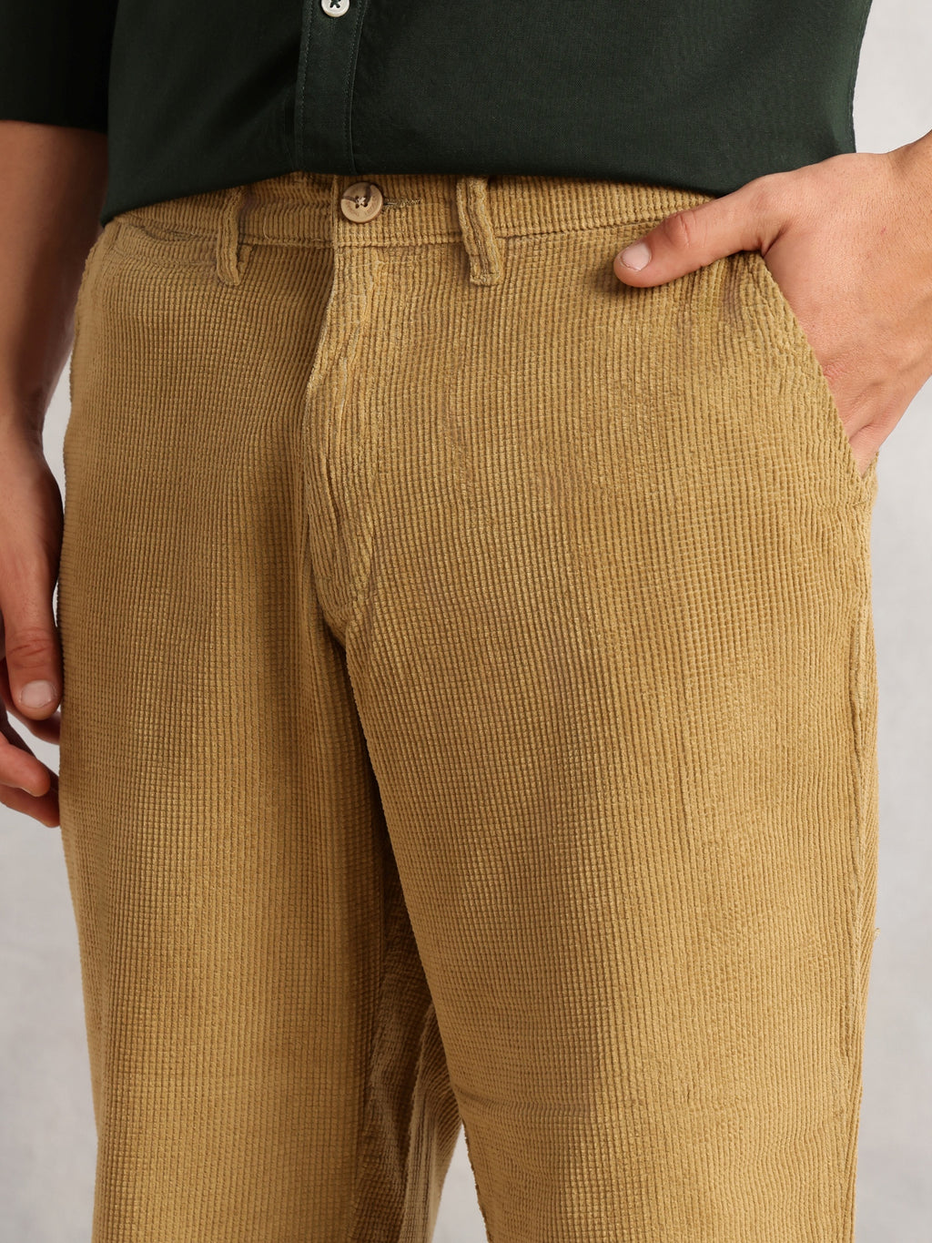 Thomas Scott Men Mustard Regular Fit Mid-Rise Textured 4 Pockets Design Corduroy Trouser