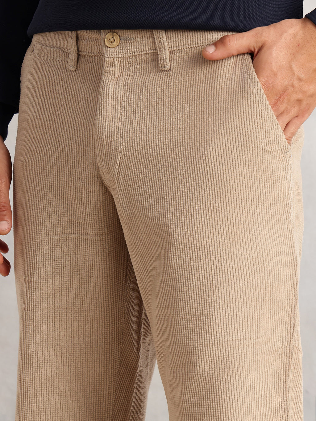 Thomas Scott Men Fawn Regular Fit Mid-Rise Textured 4 Pockets Design Corduroy Trouser