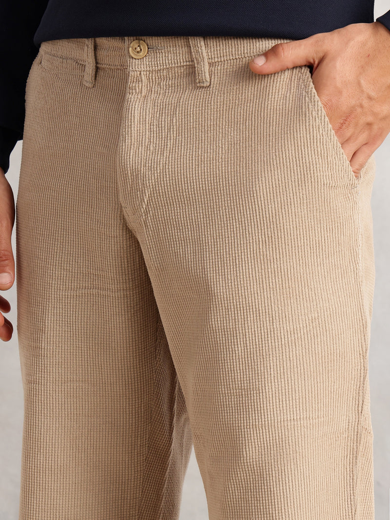 Thomas Scott Men Fawn Regular Fit Mid-Rise Textured 4 Pockets Design Corduroy Trouser