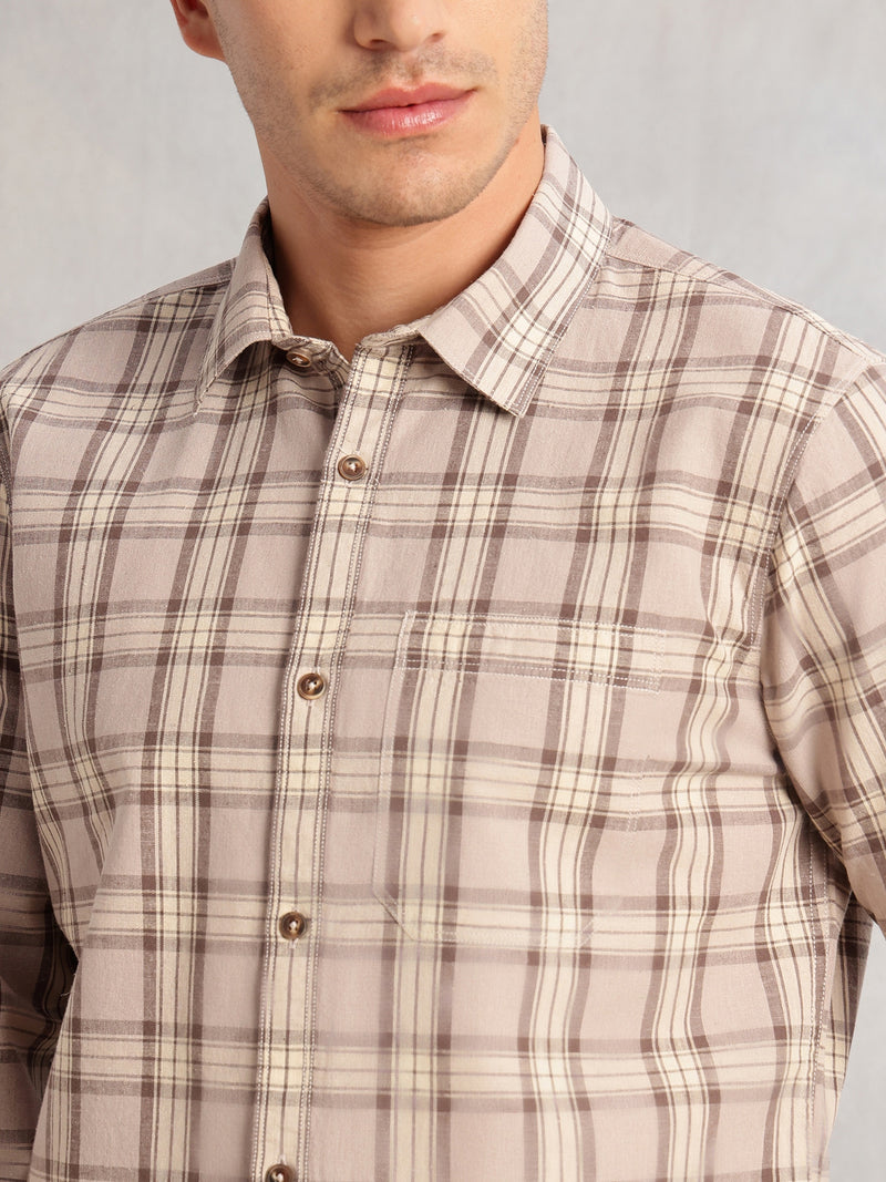 Thomas Scott Men Beige Regular Fit Long Sleeves Spread Collar Cotton Plaid Checked 100% Cotton Casual Shirt