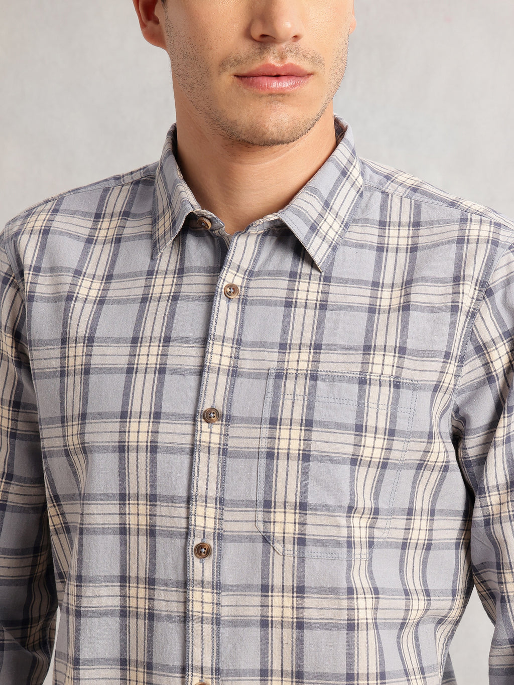 Thomas Scott Men Blue Regular Fit Long Sleeves Spread Collar Cotton Plaid Checked 100% Cotton Casual Shirt