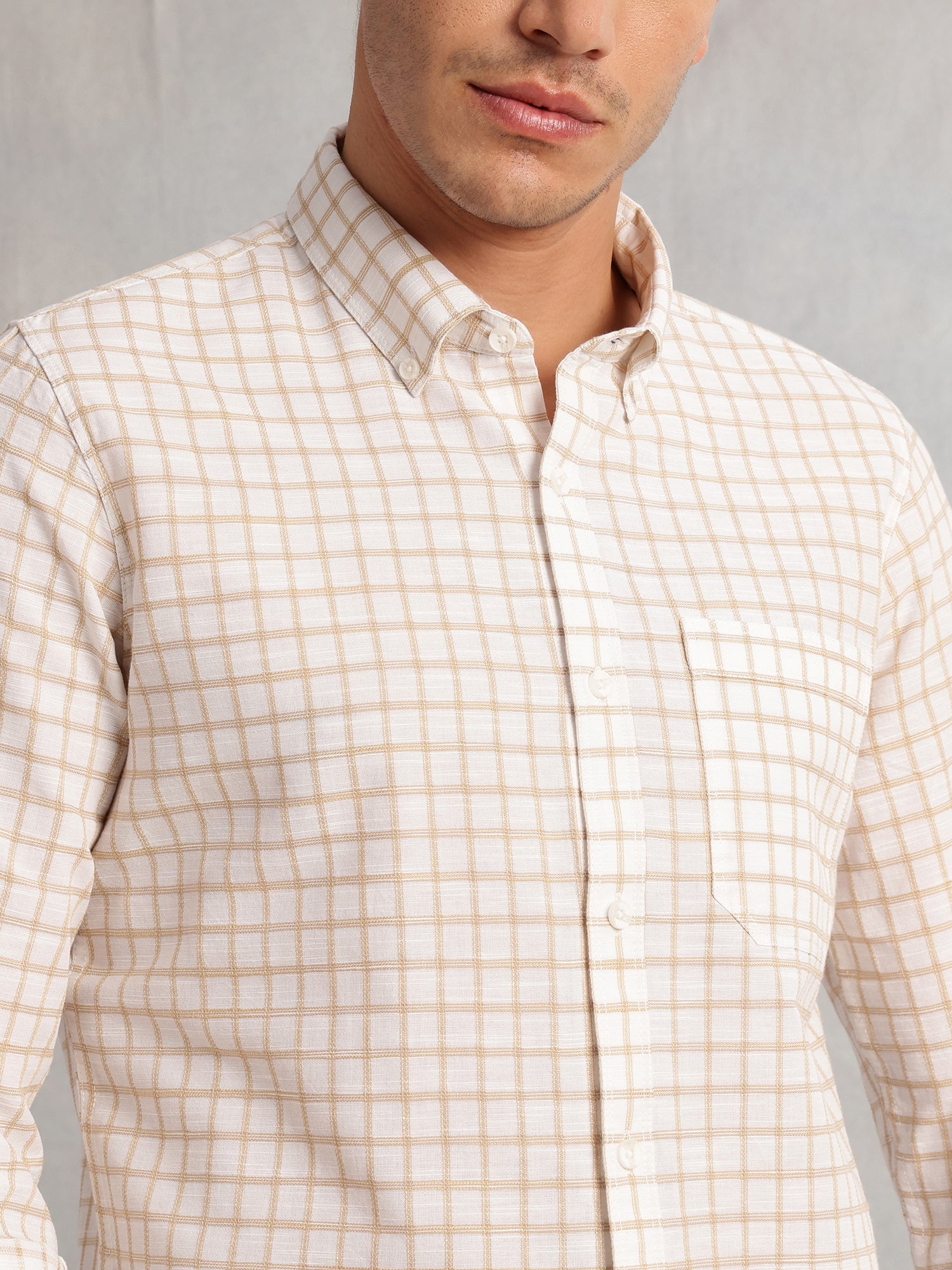 Thomas Scott Men Beige Regular Fit Long Sleeves Button Down Collar Windowpane Check 100% Cotton Casual Shirt