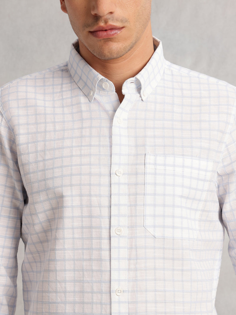 Thomas Scott Men Blue Regular Fit Long Sleeves Button Down Collar Windowpane Check 100% Cotton Casual Shirt