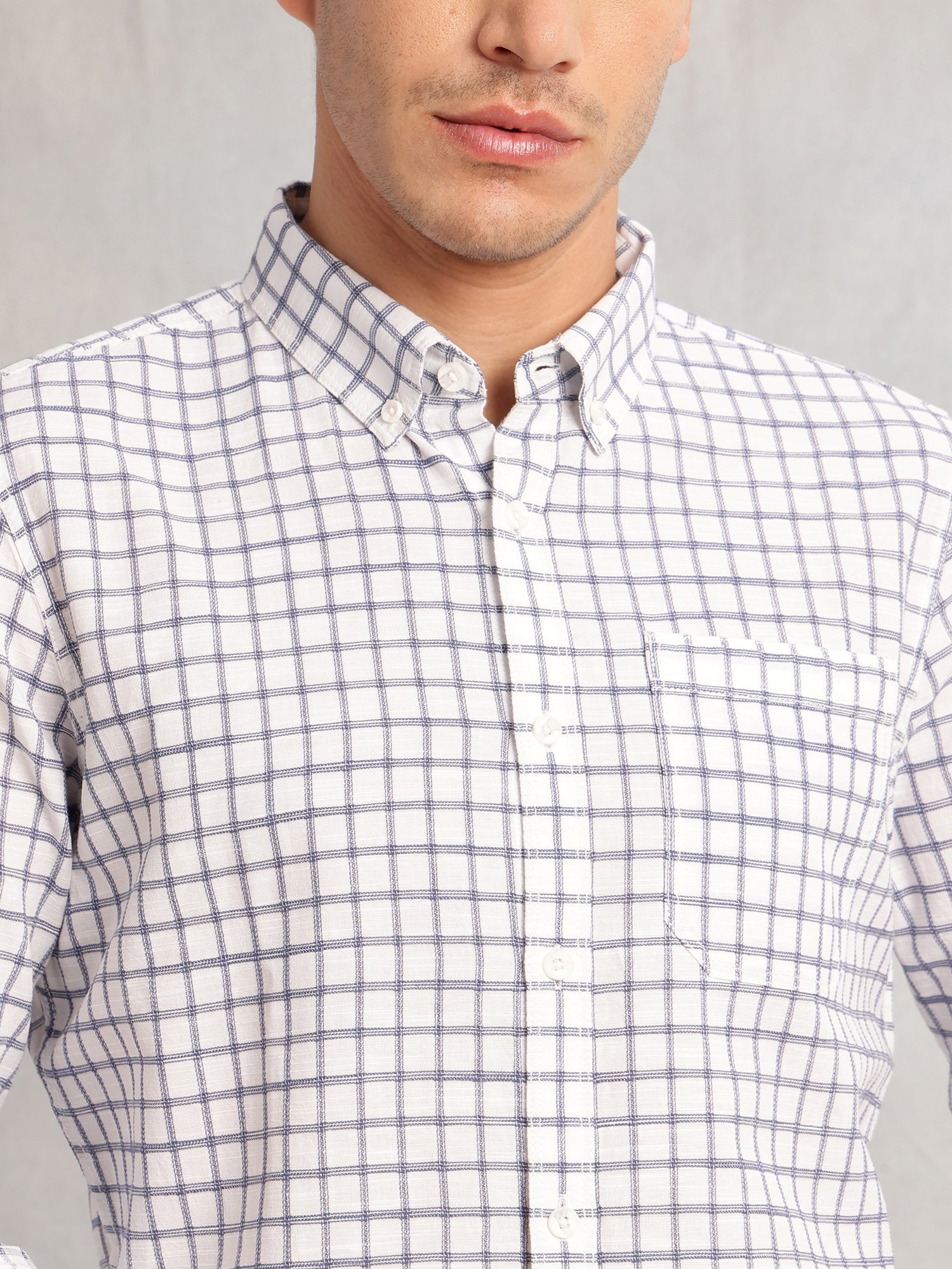 Thomas Scott Men Navy Regular Fit Long Sleeves Button Down Collar Windowpane Check 100% Cotton Casual Shirt