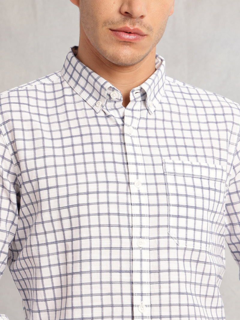 Thomas Scott Men Navy Regular Fit Long Sleeves Button Down Collar Windowpane Check 100% Cotton Casual Shirt