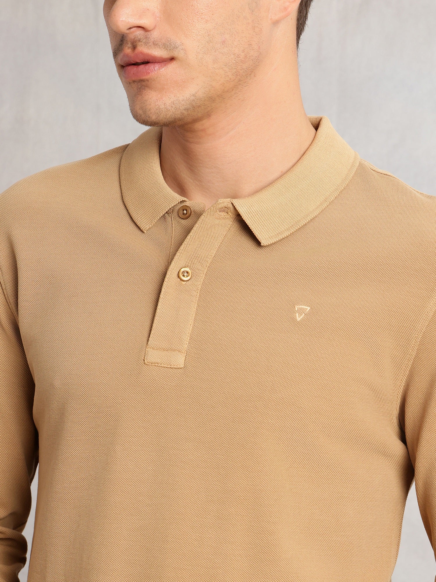 Thomas Scott Men Beige Regular Fit Solid Polo Collar Long Sleeve Pure Cotton Knitted T-shirt