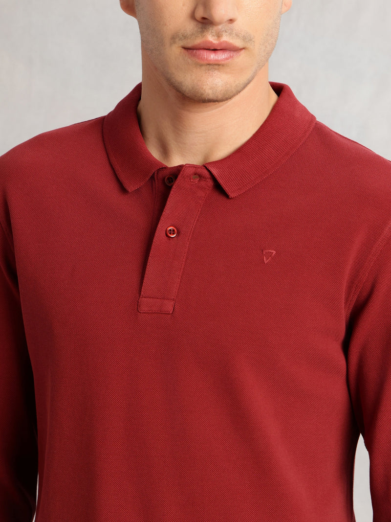 Thomas Scott Men Red Regular Fit Solid Polo Collar Long Sleeve Pure Cotton Knitted T-shirt