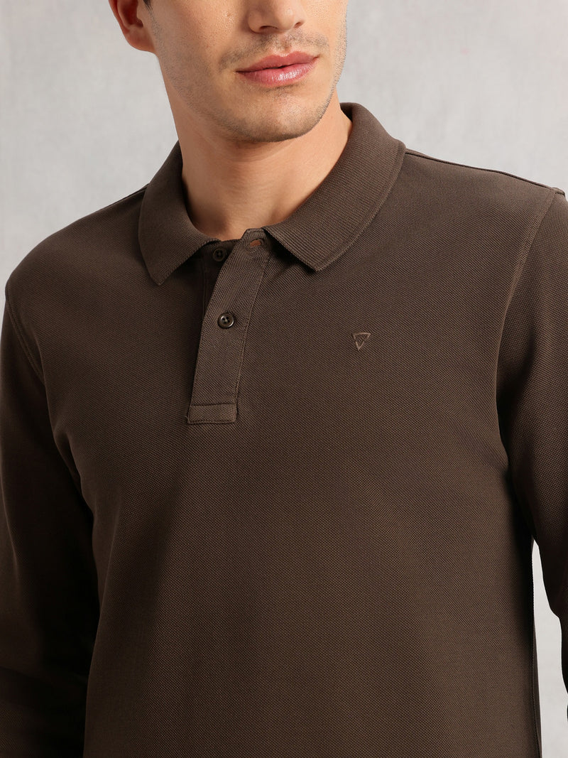Thomas Scott Men Olive Regular Fit Solid Polo Collar Long Sleeve Pure Cotton Knitted T-shirt