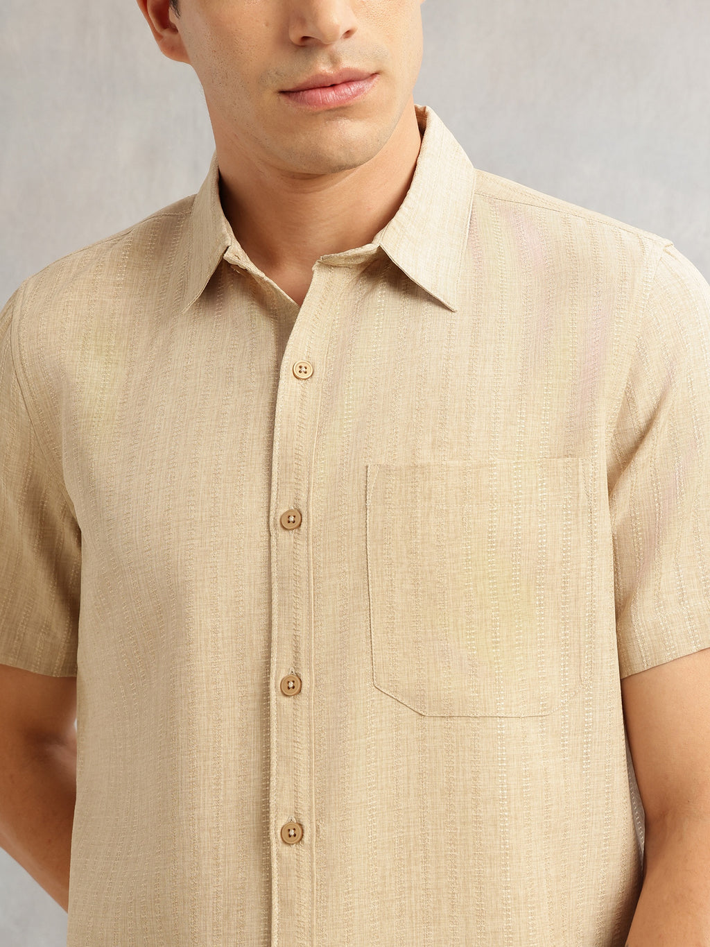 Thomas Scott Men Beige Premium Regular Fit Short Sleeves Spread Collar Polyester Casual Shirt