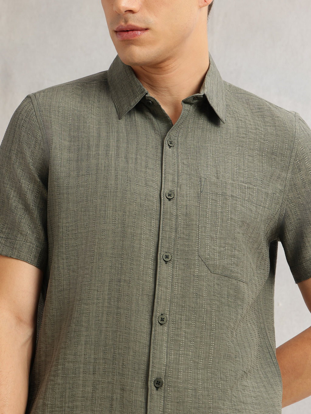 Thomas Scott Men Olive Premium Regular Fit Short Sleeves Spread Collar Polyester Casual Shirt