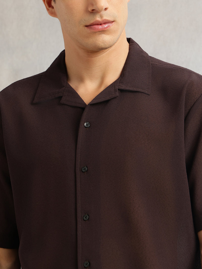 Thomas Scott Men Brown Premium Oversize Fit Short Sleeves Camp Collar Textured Polyester Casual Shirt