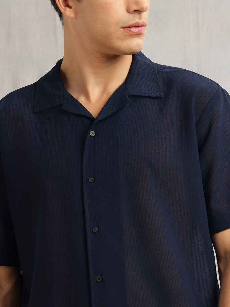 Thomas Scott Men Navy Premium Oversize Fit Short Sleeves Camp Collar Textured Polyester Casual Shirt