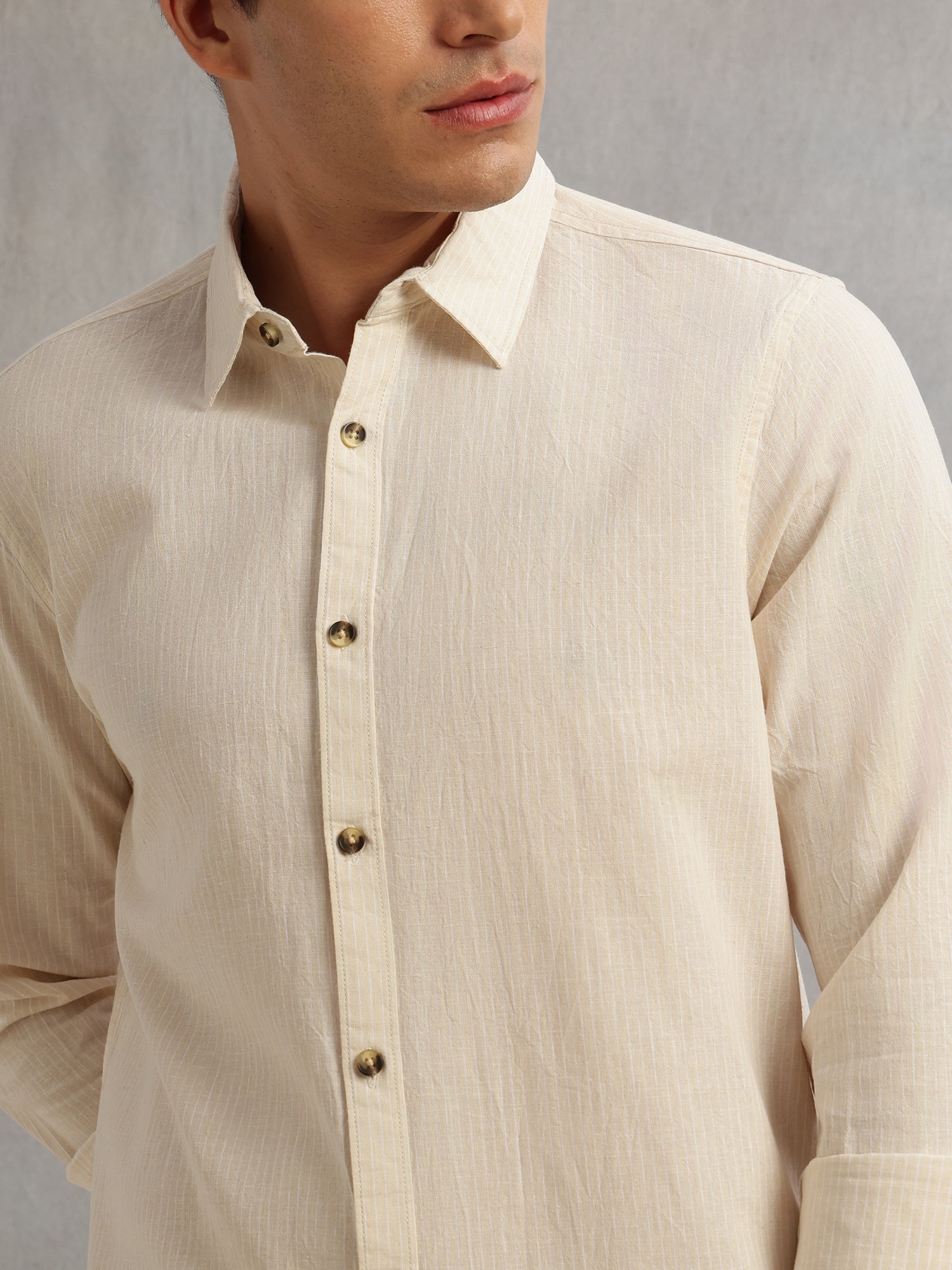 Thomas Scott Men Beige Cricket Club Collection Premium Slim Fit Long Sleeves Spread Collar Textured Cotton Linen Shirt
