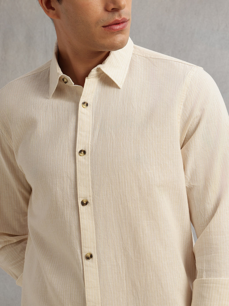 Thomas Scott Men Beige Cricket Club Collection Premium Slim Fit Long Sleeves Spread Collar Textured Cotton Linen Shirt