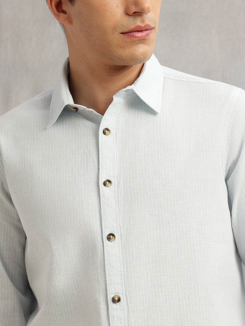 Thomas Scott Men Blue Cricket Club Collection Premium Slim Fit Long Sleeves Spread Collar Textured Cotton Linen Shirt