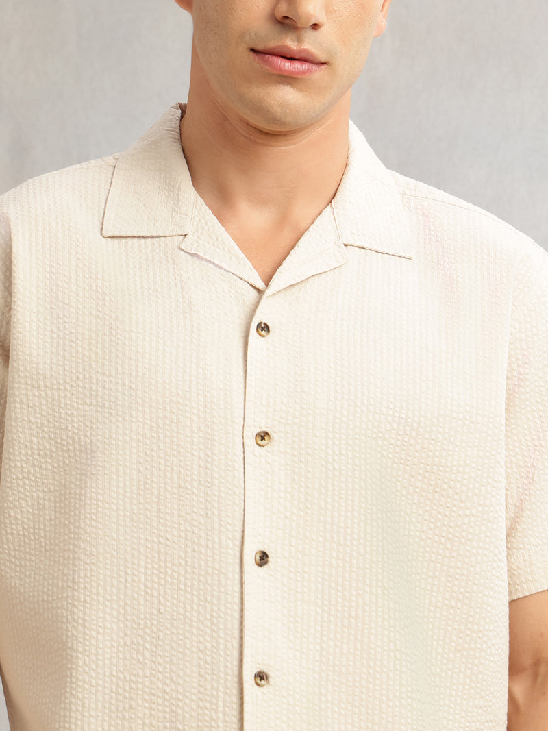 Thomas Scott Men Beige Premium Oversized Fit Short Sleeves Cuban Collar 100% Cotton Seersucker Shirt