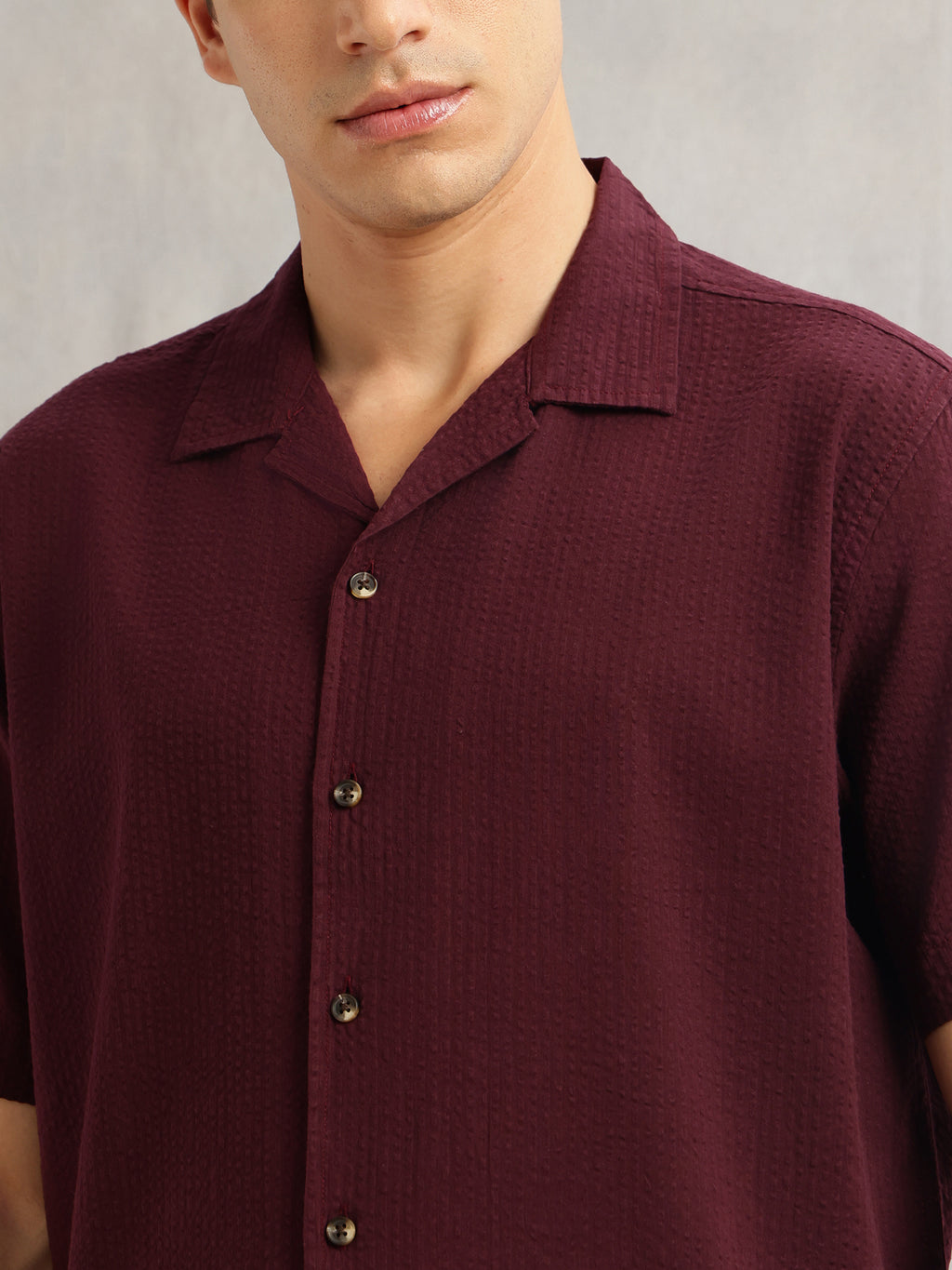 Thomas Scott Men Wine Premium Oversized Fit Short Sleeves Cuban Collar 100% Cotton Seersucker Shirt