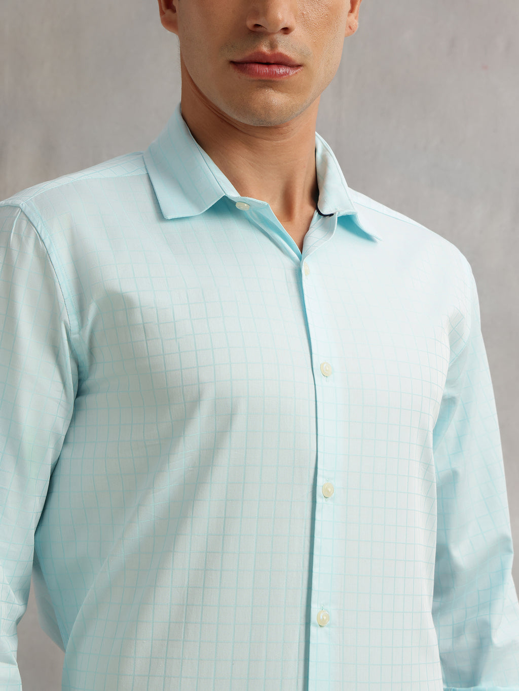 Thomas Scott Men Aqua Premium Long Sleeves Spread Collar Regular Fit Windowpane Checks 100% Cotton Formal Shirt