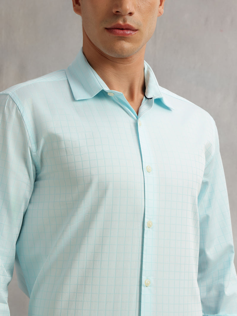Thomas Scott Men Aqua Premium Long Sleeves Spread Collar Regular Fit Windowpane Checks 100% Cotton Formal Shirt
