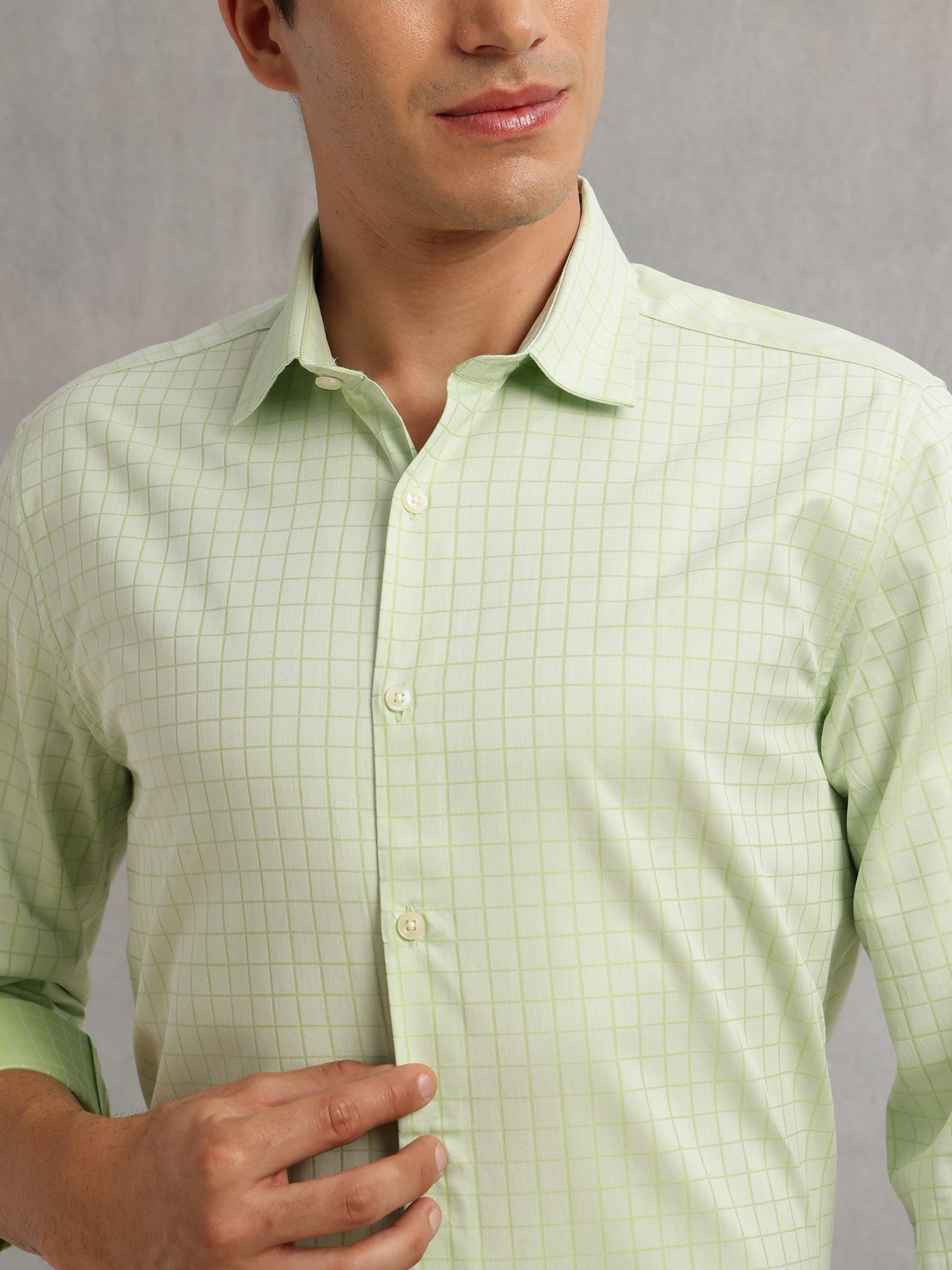 Thomas Scott Men Green Premium Long Sleeves Spread Collar Regular Fit Windowpane Checks 100% Cotton Formal Shirt