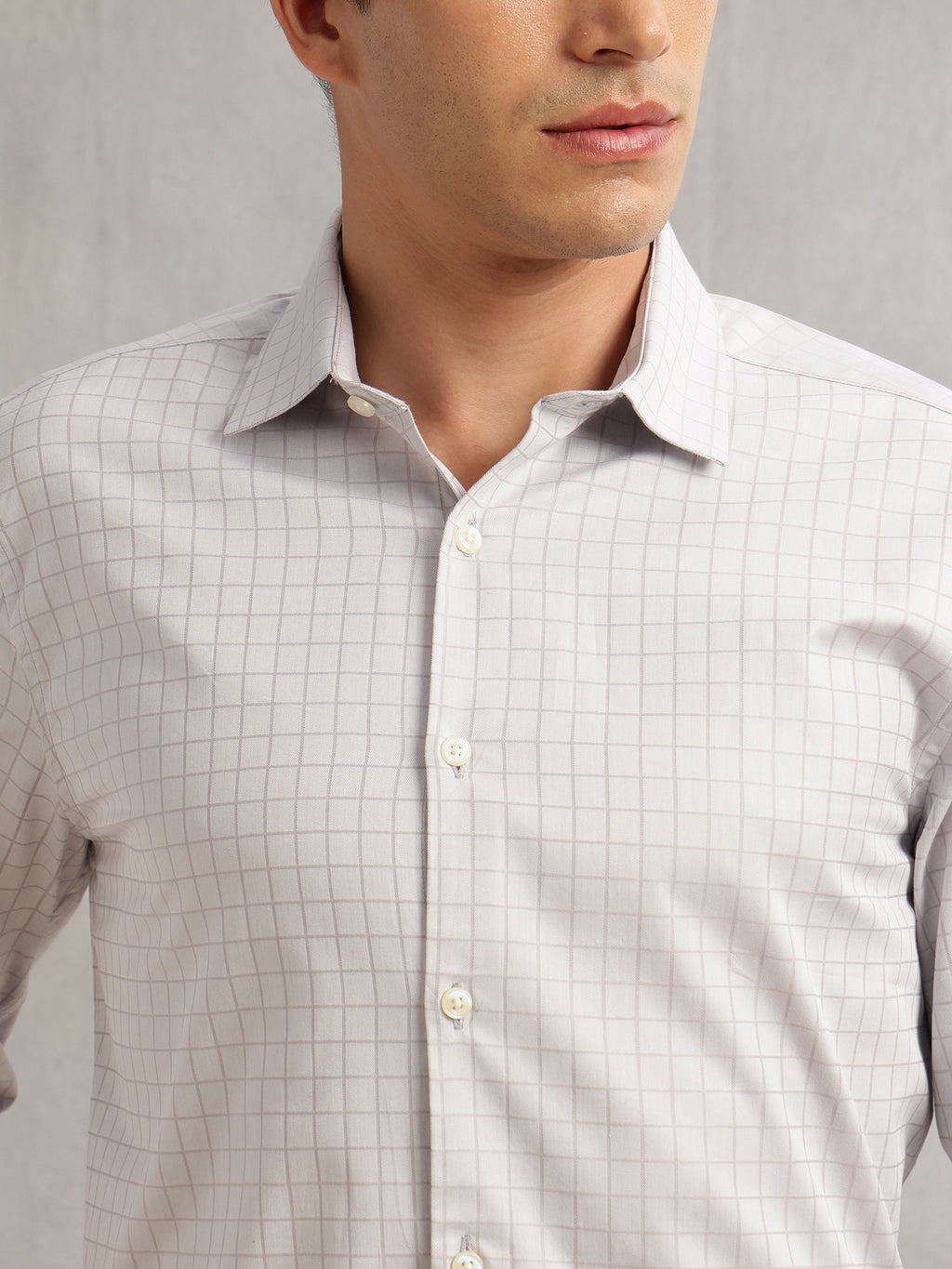 Thomas Scott Men Grey Premium Long Sleeves Spread Collar Regular Fit Windowpane Checks 100% Cotton Formal Shirt