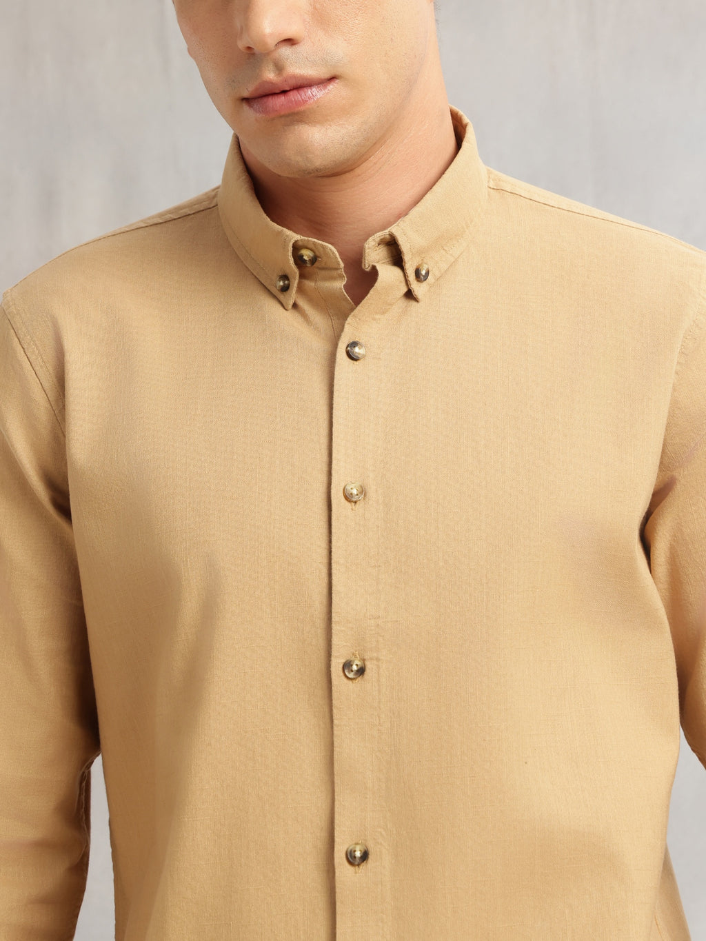 Thomas Scott Men Beige Long Regular Sleeves Slim Fit Button-Down Collar Solid Linen Casual Shirt