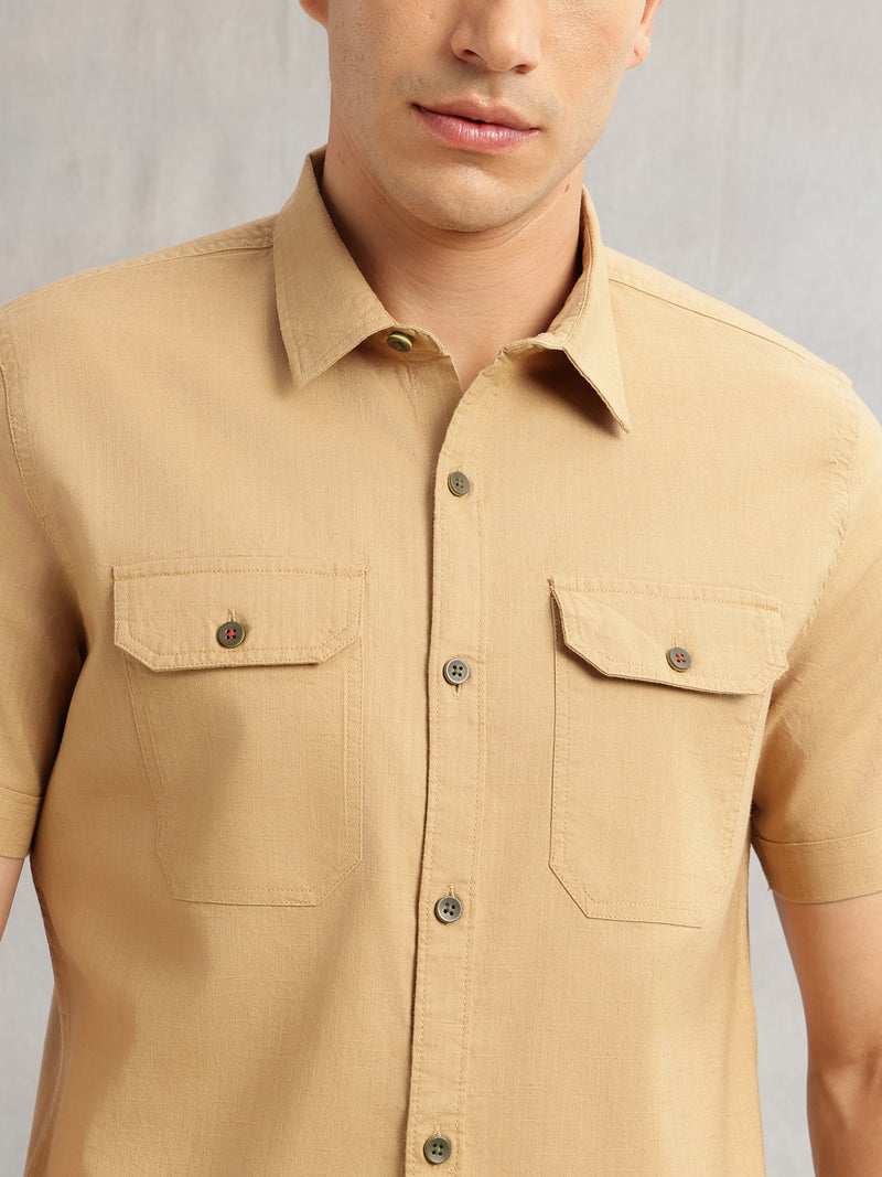 Thomas Scott Men Khaki Premium Short Sleeves Slim Fit Spread Collar 2 Flap Pockets Solid Cotton Linen Casual Shirt