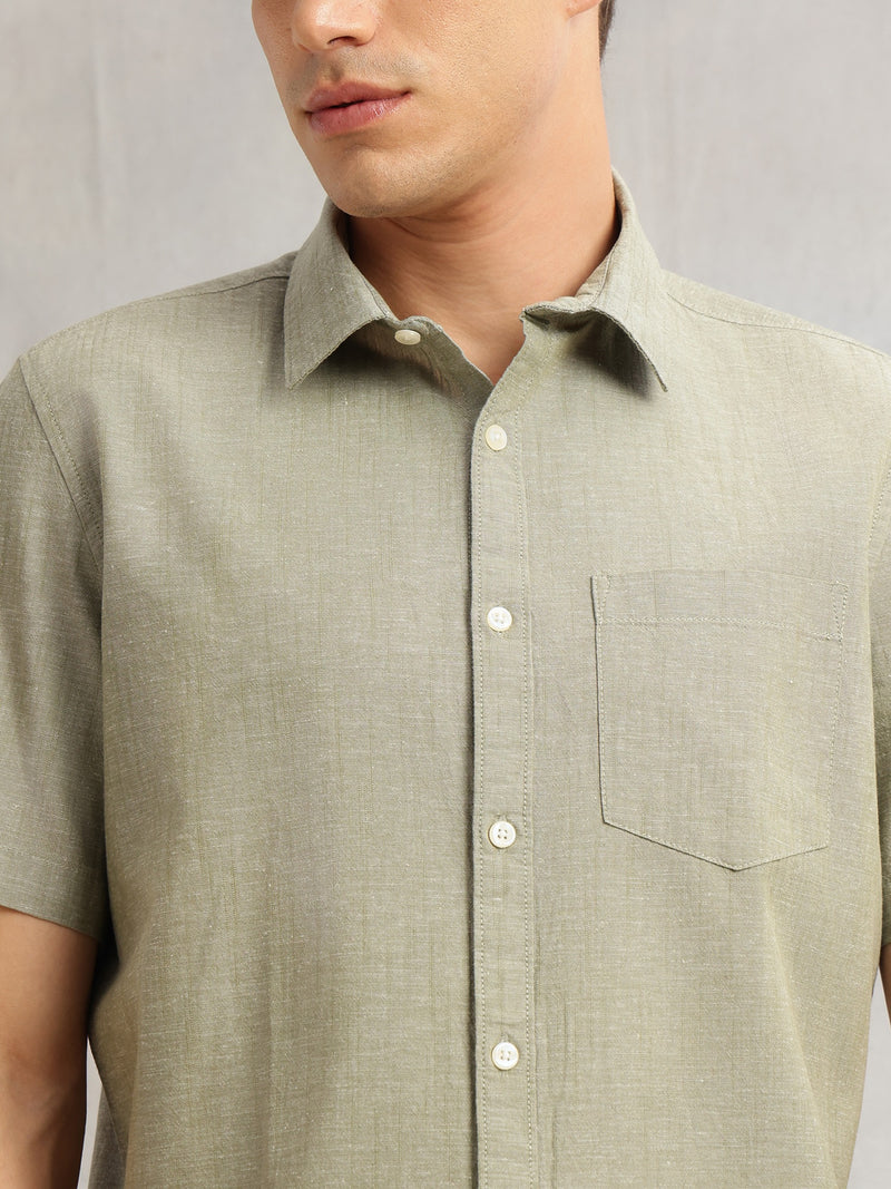 Thomas Scott Men Dark Olive Premium Short Sleeves Slim Fit Spread Collar Solid Cotton Linen Casual Shirt