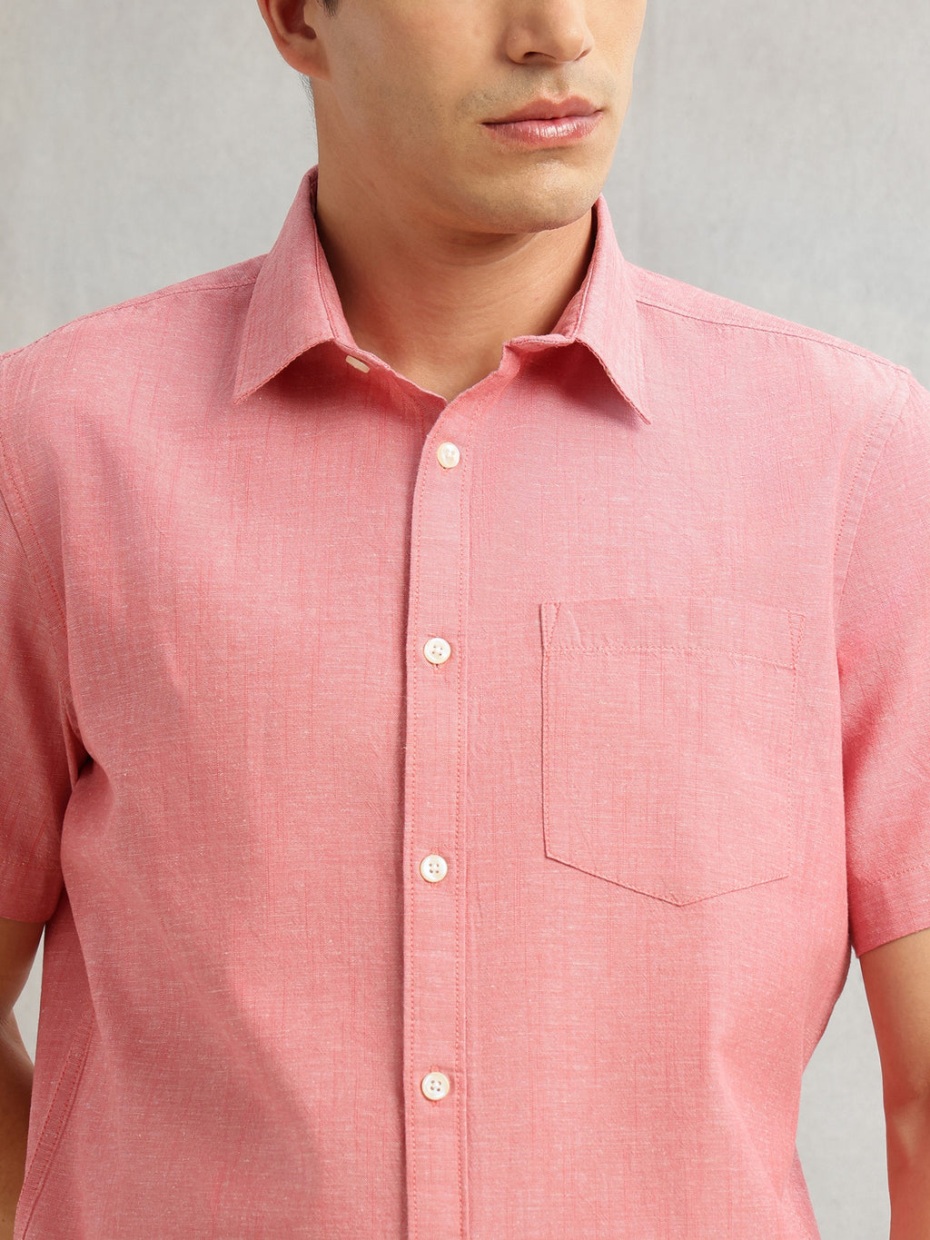 Thomas Scott Men Red Premium Short Sleeves Slim Fit Spread Collar Solid Cotton Linen Casual Shirt