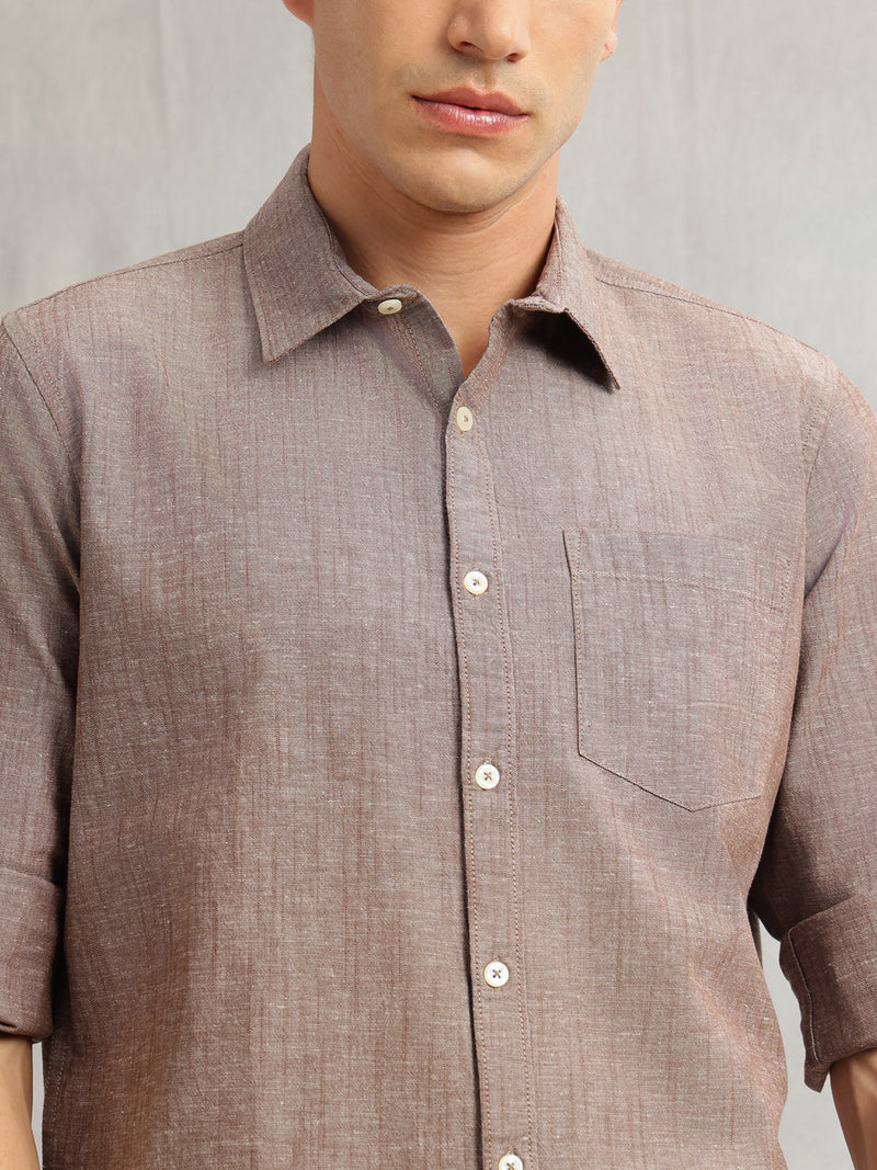 Thomas Scott Men Brown Premium Slim Fit Long Roll-Up Sleeves Spread Collar Solid Linen Casual Shirt
