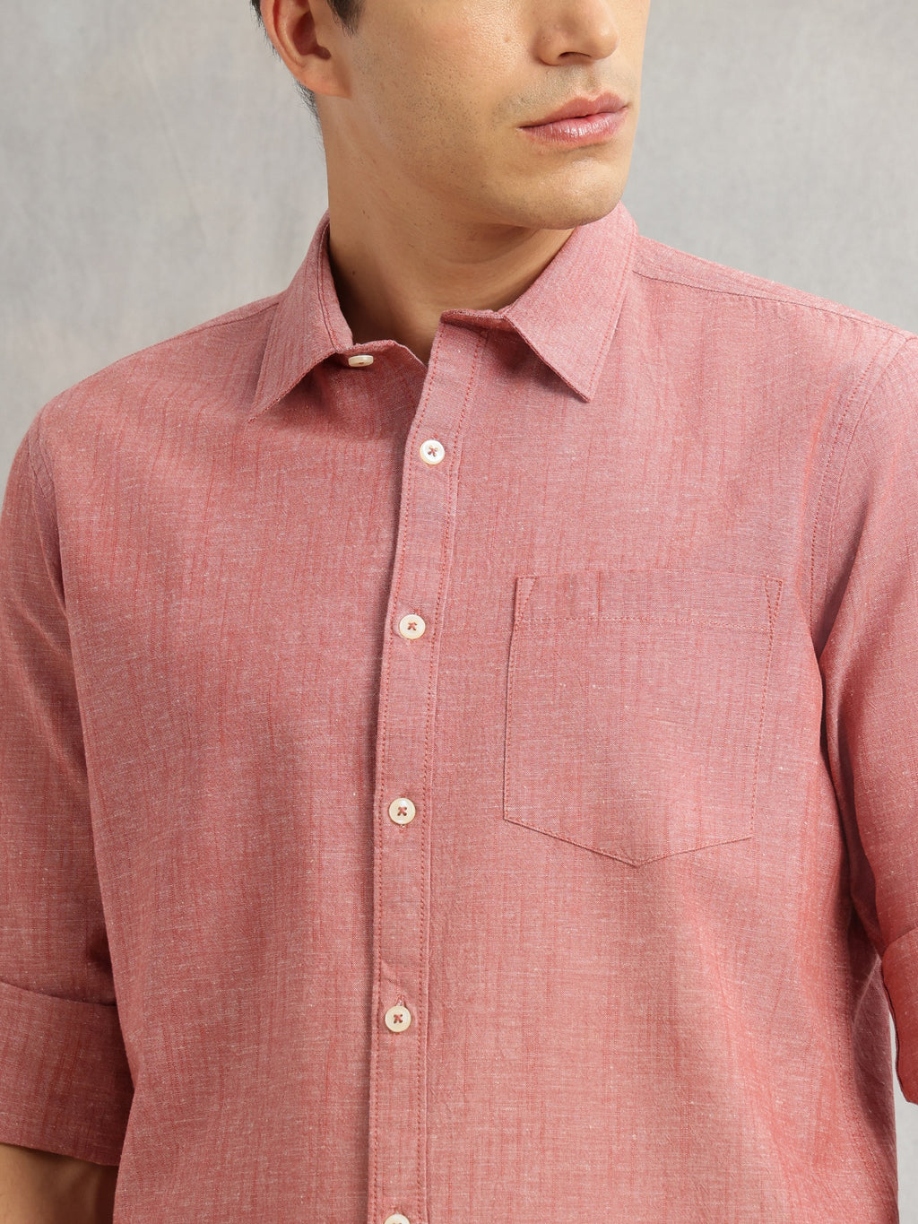 Thomas Scott Men Maroon Premium Slim Fit Long Roll-Up Sleeves Spread Collar Solid Linen Casual Shirt