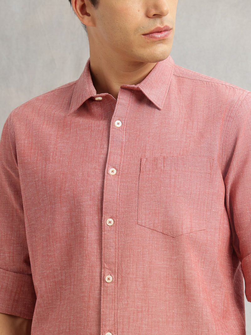 Thomas Scott Men Maroon Premium Slim Fit Long Roll-Up Sleeves Spread Collar Solid Linen Casual Shirt