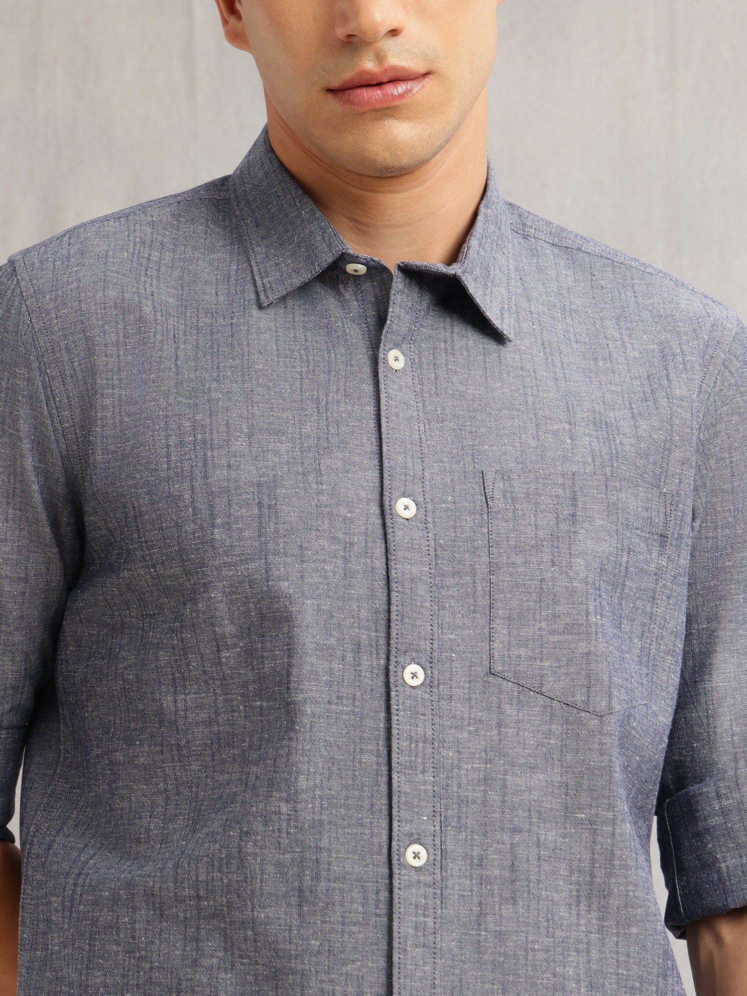 Thomas Scott Men Navy1 Premium Slim Fit Long Roll-Up Sleeves Spread Collar Solid Linen Casual Shirt