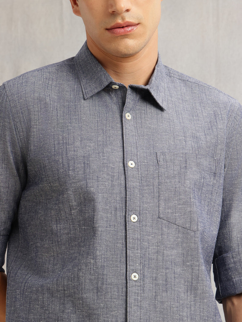 Thomas Scott Men Navy1 Premium Slim Fit Long Roll-Up Sleeves Spread Collar Solid Linen Casual Shirt