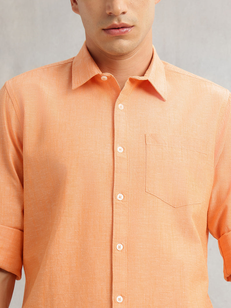 Thomas Scott Men Orange Premium Slim Fit Long Roll-Up Sleeves Spread Collar Solid Linen Casual Shirt