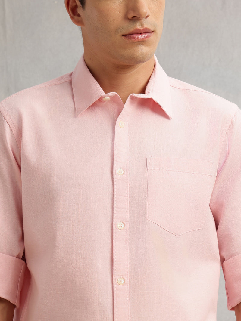 Thomas Scott Men Pink Premium Slim Fit Long Roll-Up Sleeves Spread Collar Solid Linen Casual Shirt
