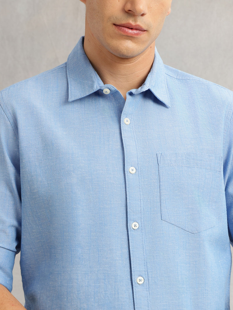 Thomas Scott Men Royal Blue Premium Slim Fit Long Roll-Up Sleeves Spread Collar Solid Linen Casual Shirt