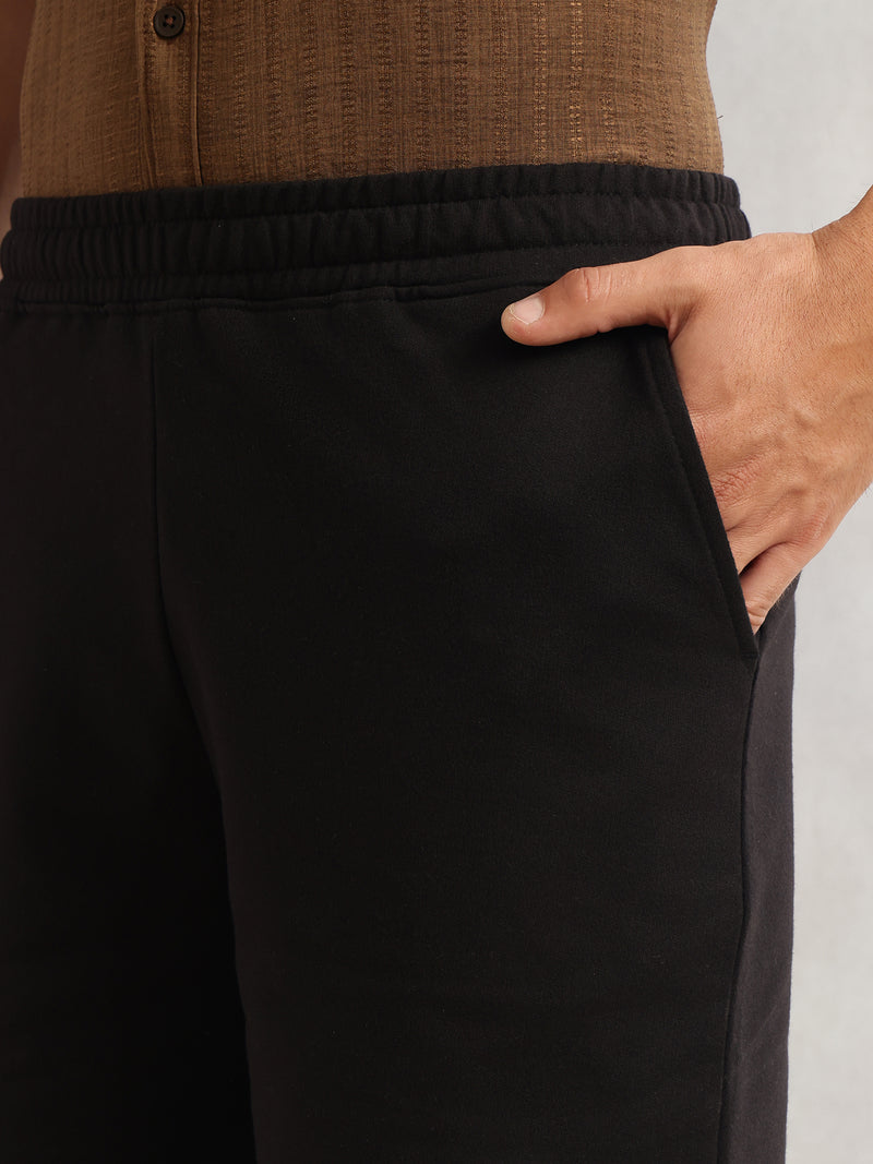 Thomas Scott Men Black Mid-Rise Regular Fit Solid Knee Length Knitted Shorts with Drawstring Closure