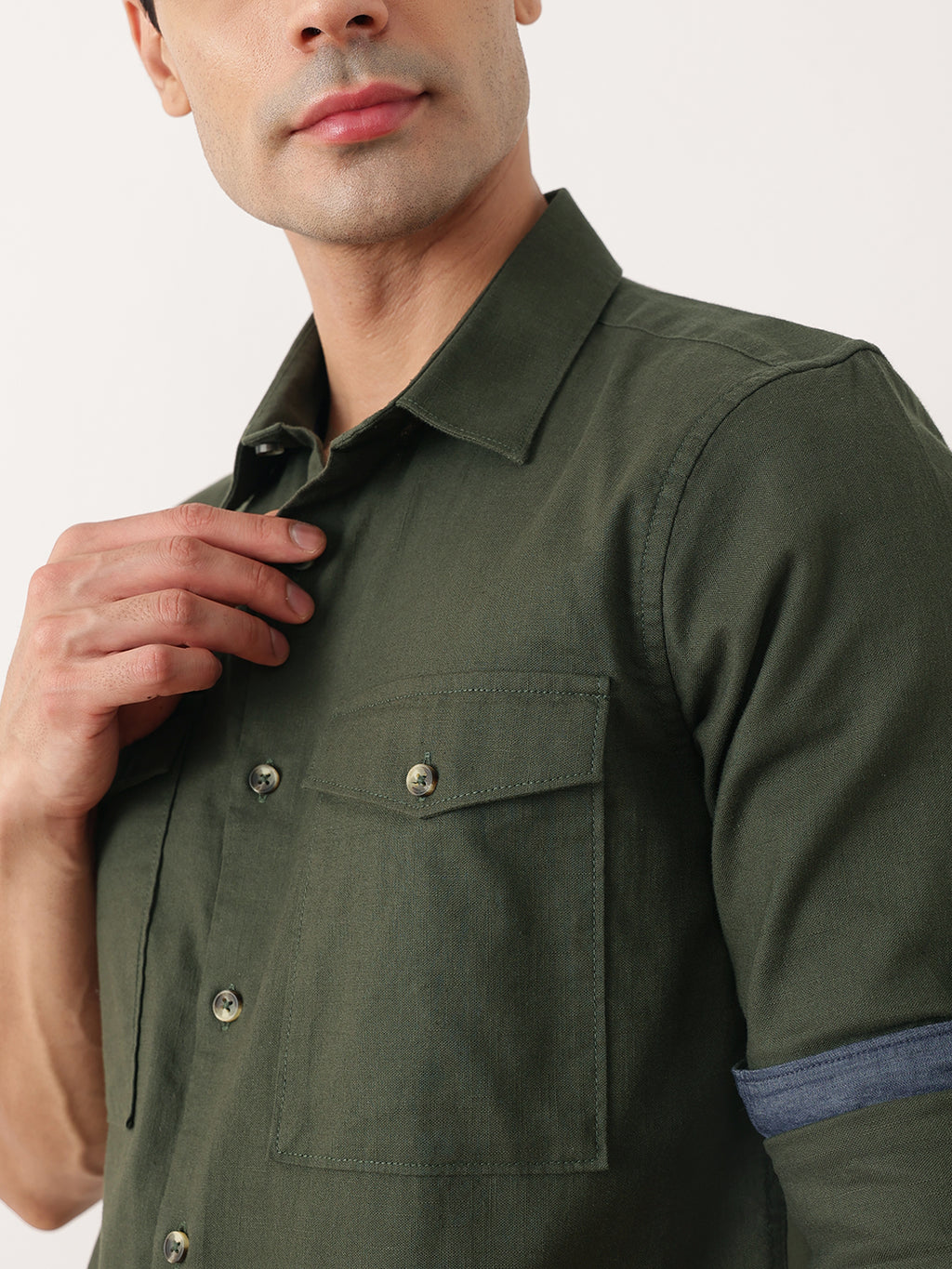 Thomas Scott Men Bottle Green Premium Slim Fit Long Roll-Up Sleeves Spread Collar Solid Cotton Casual Shirt with Flap Pockets