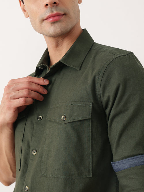 Thomas Scott Men Bottle Green Premium Slim Fit Long Roll-Up Sleeves Spread Collar Solid Cotton Casual Shirt with Flap Pockets