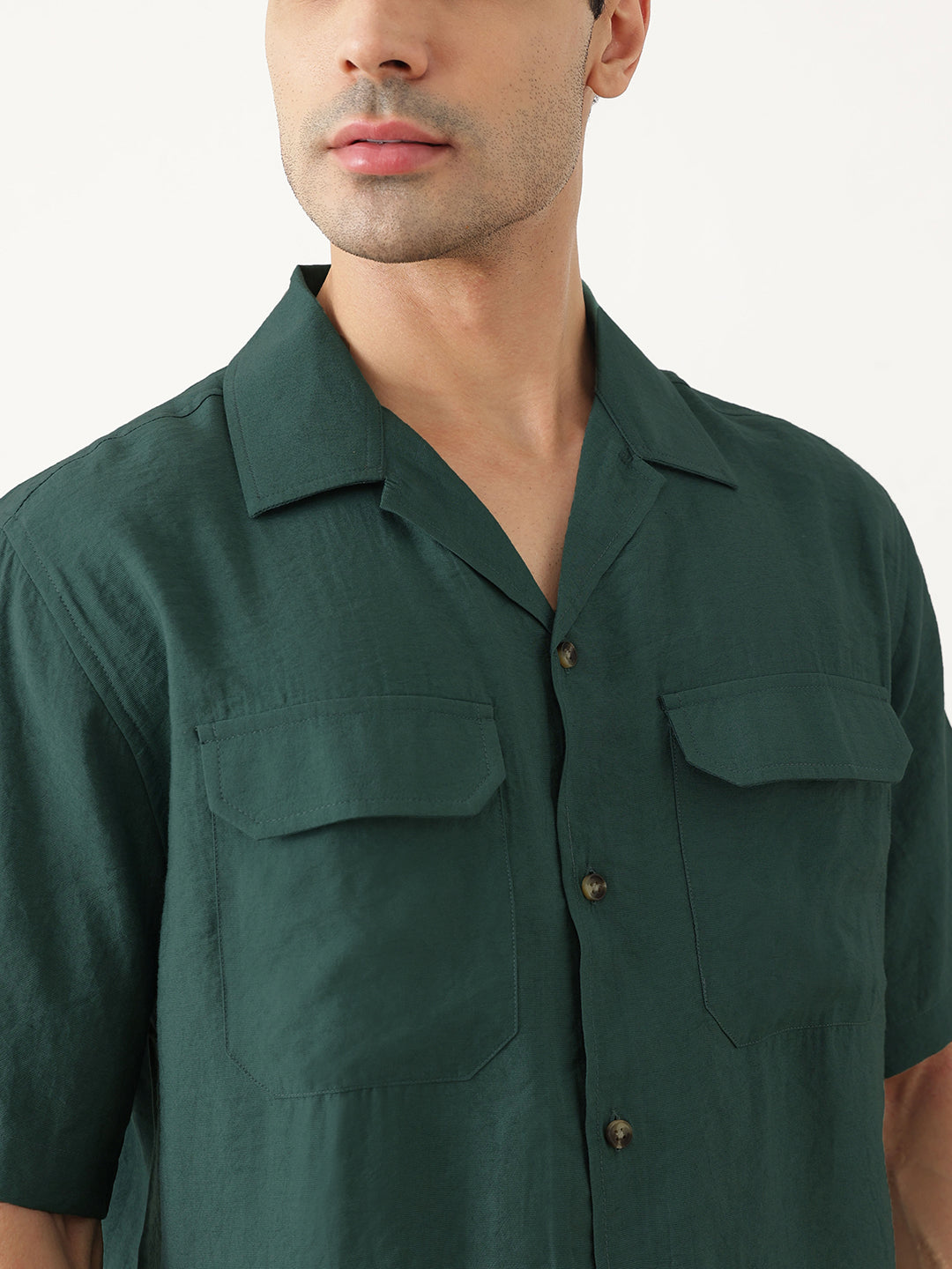Thomas Scott Men Premium Green Oversize Fit Short Sleeves Cuban Collar Textured Casual Shirt