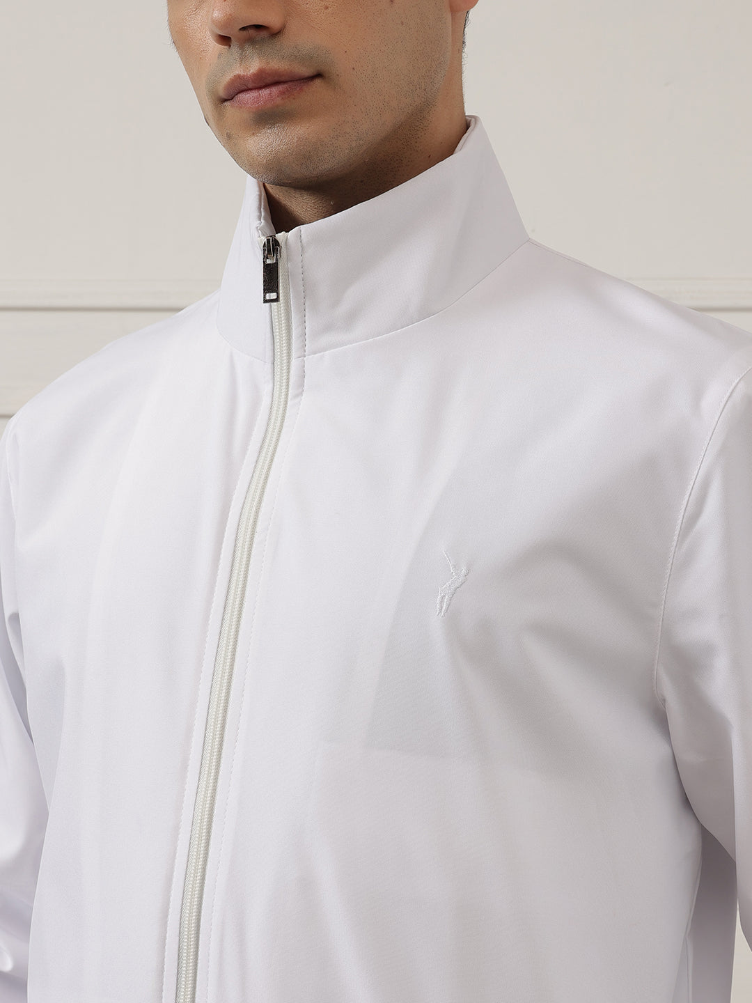 White Regular Fit Solid Full Sleeves Stand Collar Zip-Front Casual Bomber Jacket For Men
